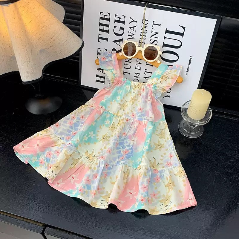 [family wear] children's cotton silk suspender dress sleeveless cake skirt summer thin flying sleeve western style floral skirt
