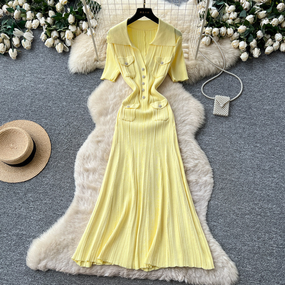 K-style pure desire lapel knitting short-sleeved dress women's summer silm single-breasted waist slimming lookelegant long skirt
