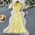 K-style pure desire lapel knitting short-sleeved dress women's summer silm single-breasted waist slimming lookelegant long skirt