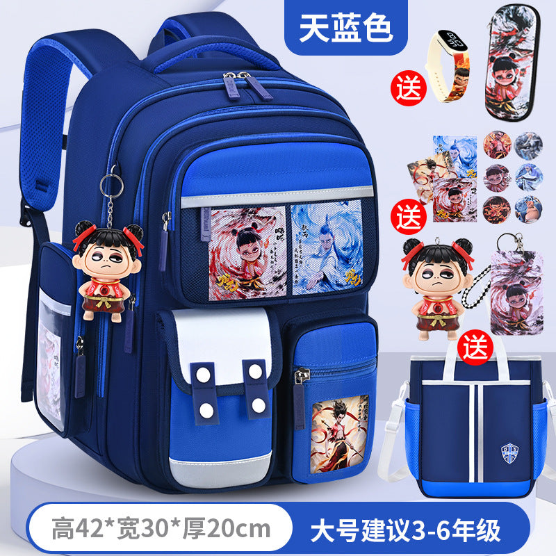 New nezha backpack for boys and girls, grades 1-6: spine protection, lightweight design, and extra-large capacity