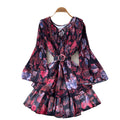 Frenchromantic style v neck strap waist floral dress female summerk-styleslimming lookruffleselegant a-line skirt