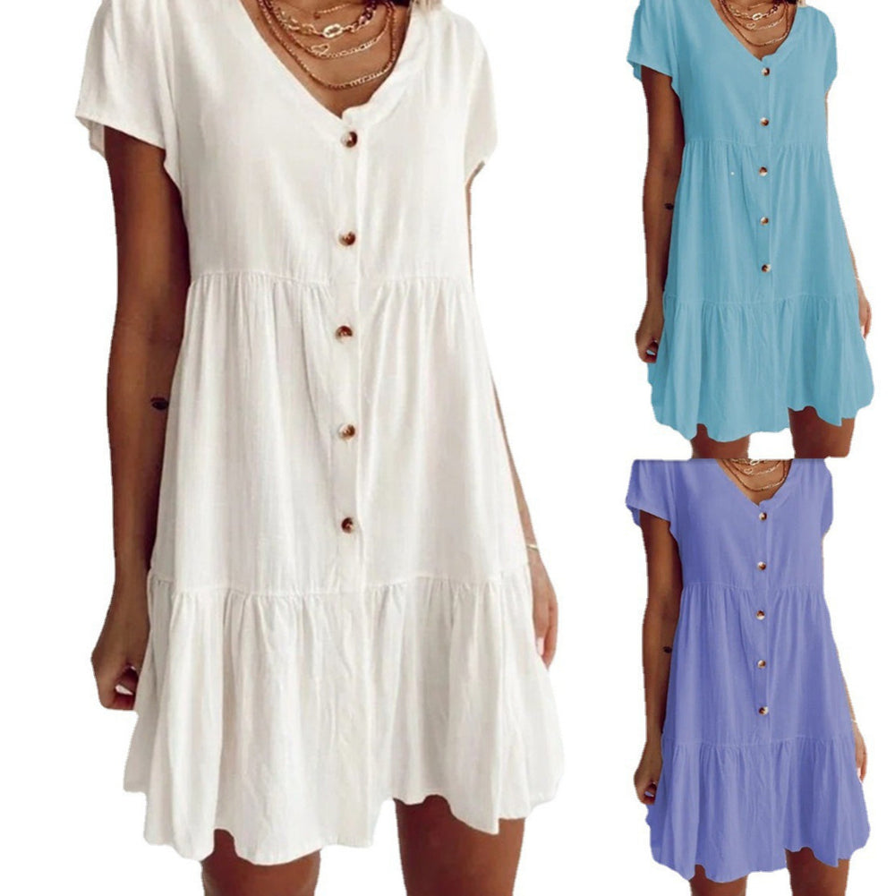 summer cotton linen white loose waist solid color short skirt slimming cotton dress