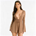 European and american export women's clothing  summer new solid color deep v long sleeve belted ruched sexy shorts jumpsuit