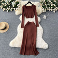 Autumn outfit set: women's chic & sexy short square neck long sleeve knit top with slit slim-fit bodycon midi skirt