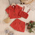 new arrival children's clothing fashion short-sleeved three-piece set washed cotton sling chest wrap lapel short-sleeved shortssuit
