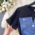 new trendy round neck short sleeve patchwork denim dress - women's high-end slim fit faux two-piece maxi dress