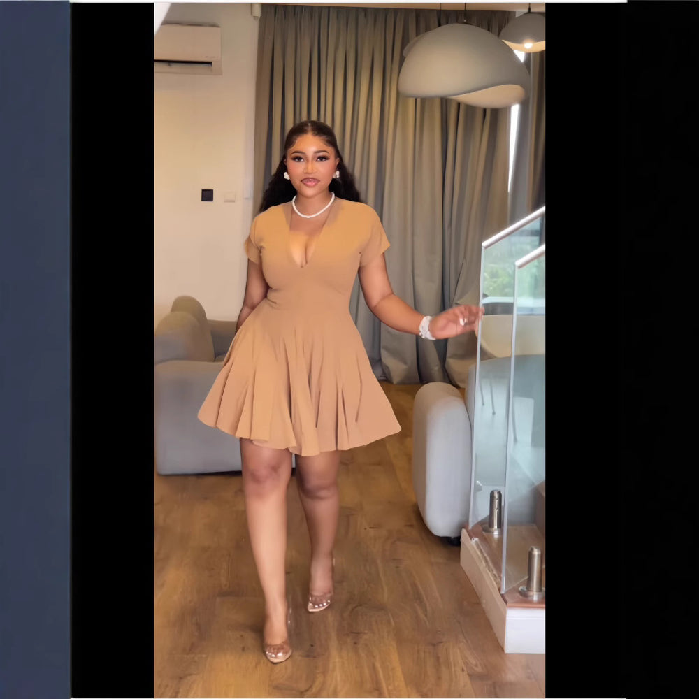 European and american cross-border women's fashion:  autumn/winter new collection - solid color short sleeve deep v-neck cinched waist versatile elegant dress