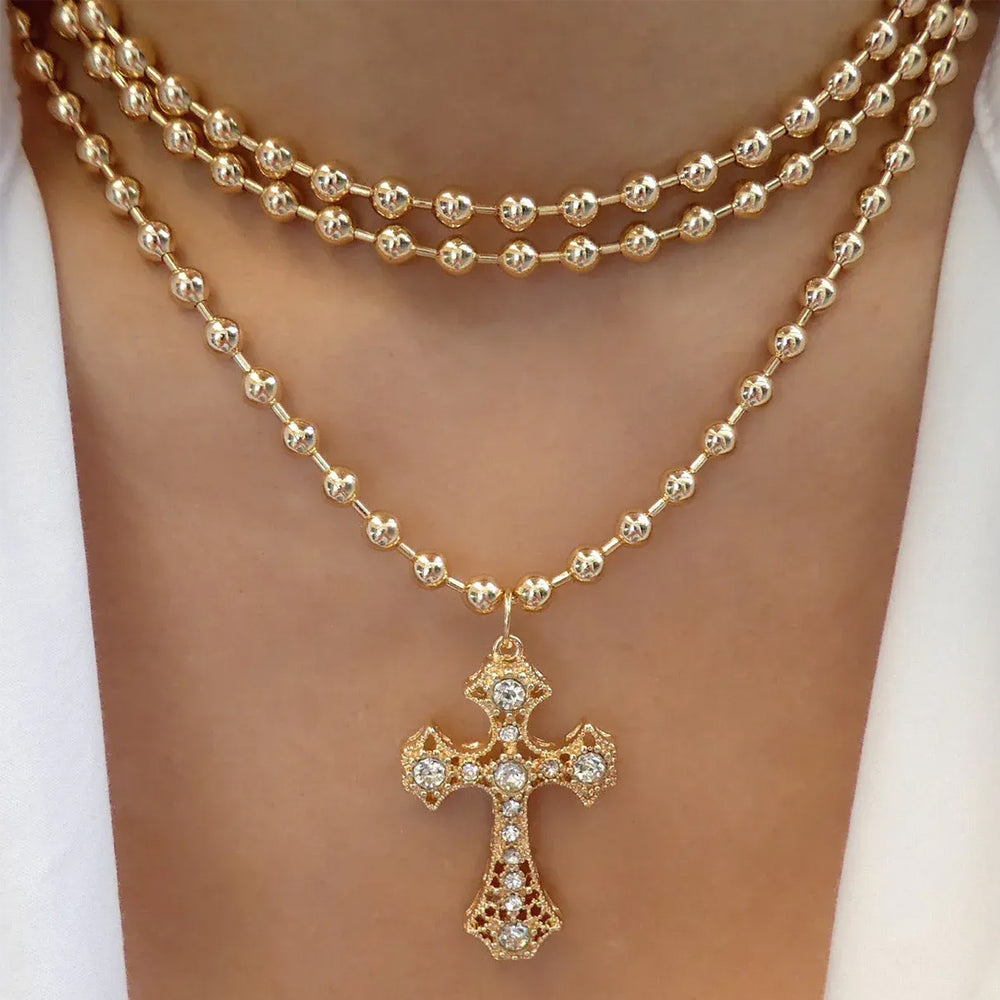 Wholesale hollow cross necklace - european & american cross-border retro, light luxury, high-end, diamond-studded, unique round bead chain accessories