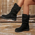 winter fleece-lined leather buckle mid-calf boots for women, new export style, wool-lined, plus size cotton shoes -  43
