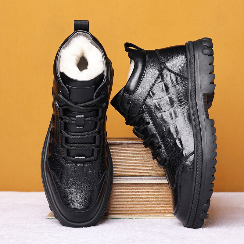 【genuine leather】winter fleece-lined wool leather cotton shoes men's high-top outdoor casual snow boots dad shoes