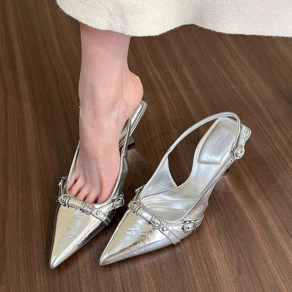 Naipai silver pointed toe sandals for women with open back 2025 spring and summer toe-cap shallow mouth thin heel high heels