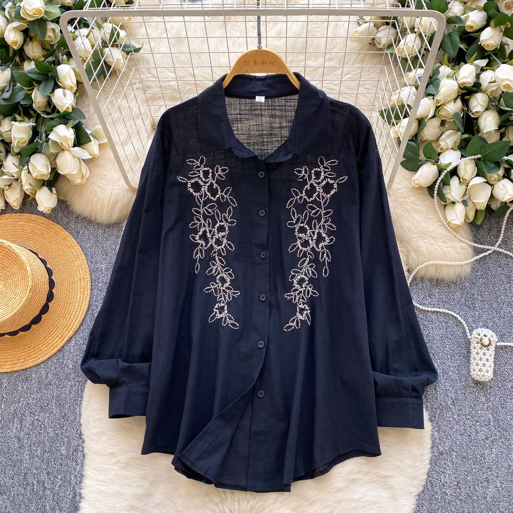 French-style heavy embroidery & rhinestone embellished versatile shirt - women's spring/summer long sleeve loose fit cardigan - commute-friendly all-match top