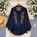 French-style heavy embroidery & rhinestone embellished versatile shirt - women's spring/summer long sleeve loose fit cardigan - commute-friendly all-match top
