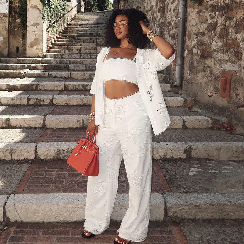European and american women's clothing  autumn new collection: sweet and fresh turn-down collar hollow-out short sleeve shirt & high-waisted straight-leg pants two-piece set