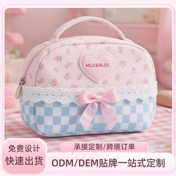 Customized pink and blue plaid love portable cosmetic bag sweet lace portable storage bag girl heart hand cosmetic bag