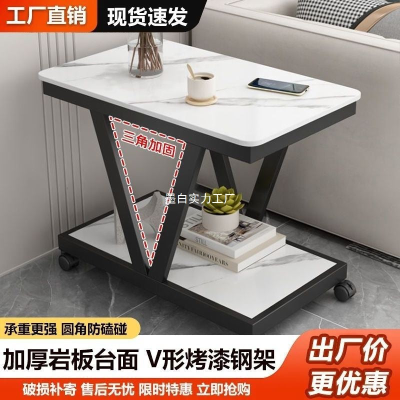 Nordic sofa side side side cabinet rock slab small coffee table with wheels side table double layer mobile small table corner bedside table