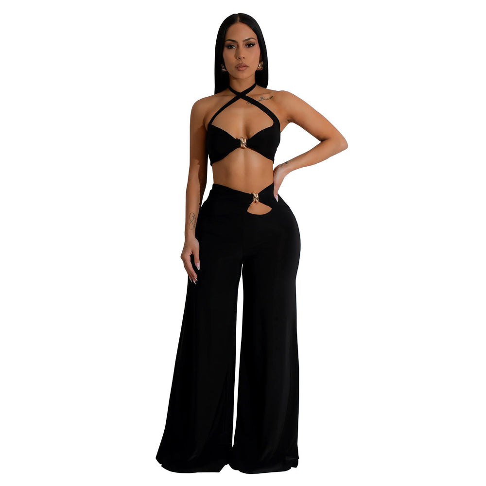C7236 cross-border   fashion women's solid color sexy bandeau top and pants two-piece set - new arrival