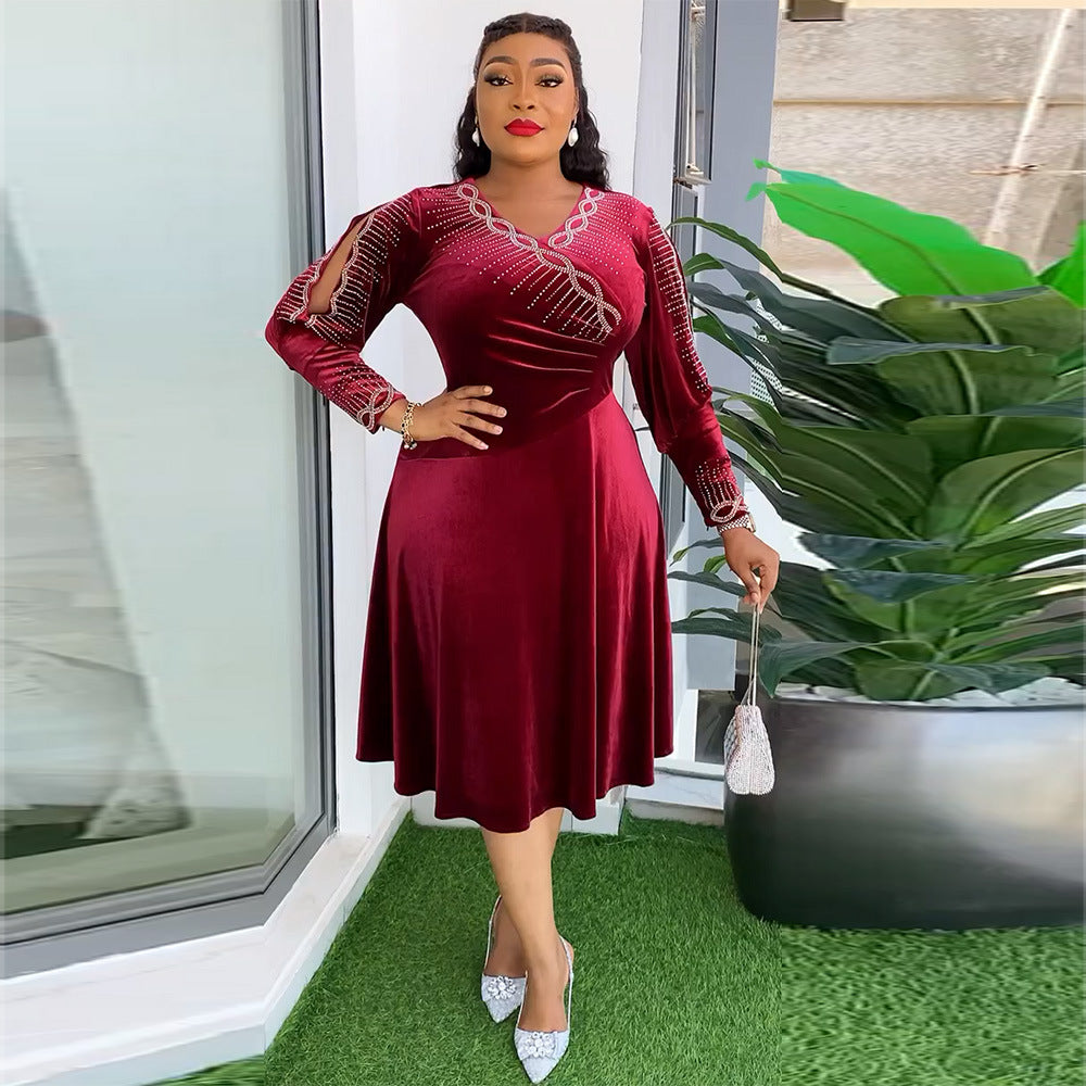 Aliexpress african plus size  autumn/winter new european and american cross-border elegant evening gown rhinestone velvet dress