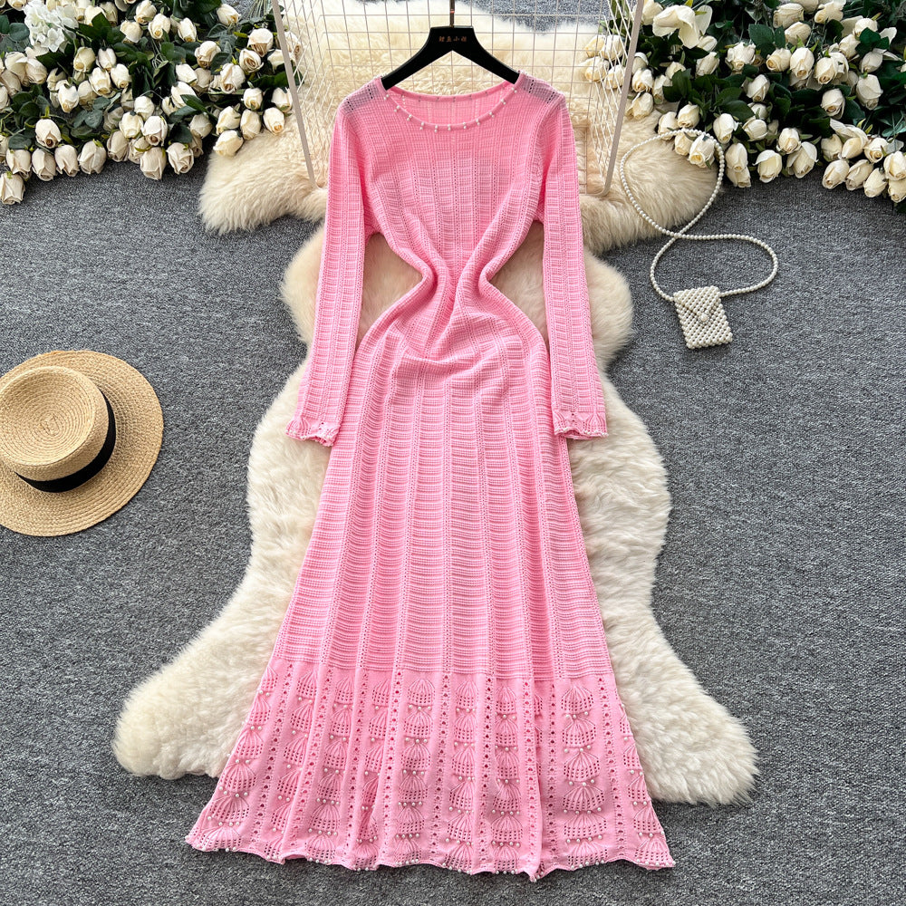 Xiaoxiangfengclassy sense of celebrity heavy industry beading round neck long sleevescut outknittingdress female waist inner long skirt