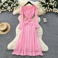 Xiaoxiangfengclassy sense of celebrity heavy industry beading round neck long sleevescut outknittingdress female waist inner long skirt