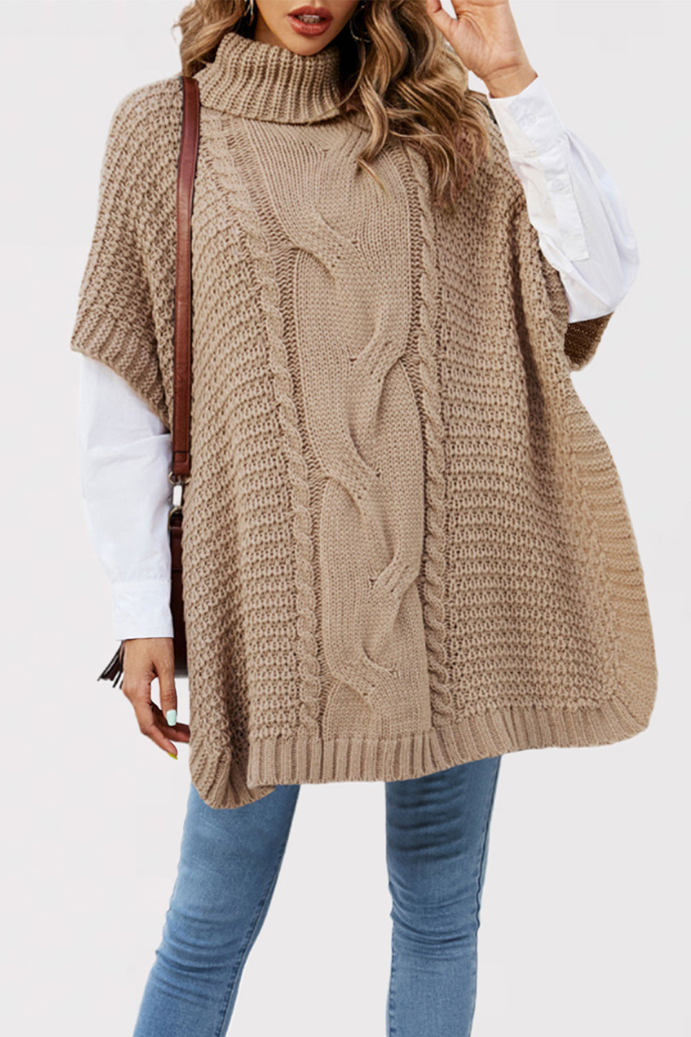 Cross-border women's clothing autumn and winter 2025 new turtleneck twist shawl knitted sweater loose half-sleeved  vest sweater