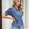 Fashion cross-border women's dark blue denim doll shirt tops lapel single-breasted puff sleeves waist rufflesshirt