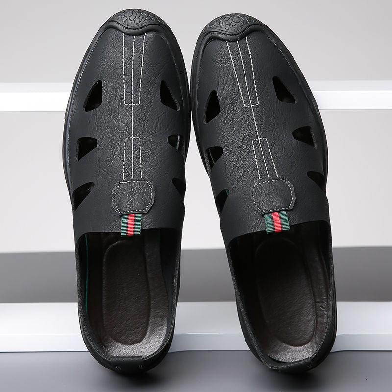 2025 new summer men's soft leather shoes, men's soft sole casual shoes, comfortable breathable perforated leather sandals for men