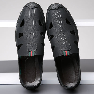 2025 new summer men's soft leather shoes, men's soft sole casual shoes, comfortable breathable perforated leather sandals for men