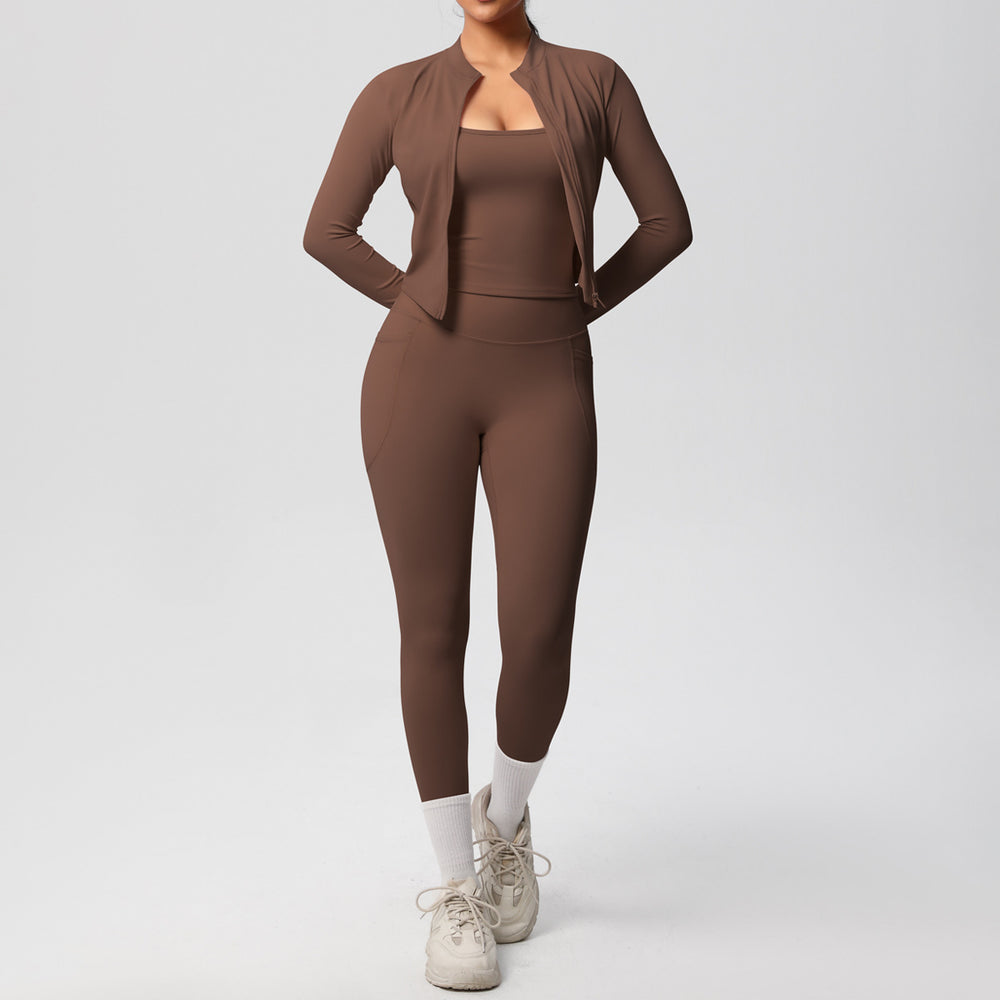 Fashion cross-border new cloud-sensing brushed sports vest flap pocket pantscasual hip-lifting fitness yoga wear three-piece set