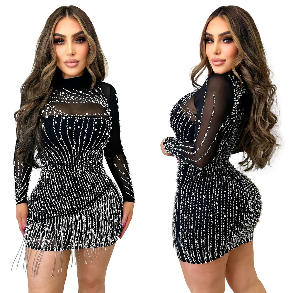 C6381 cross-border   fashion women's long-sleeve mesh rhinestone beaded mini dress