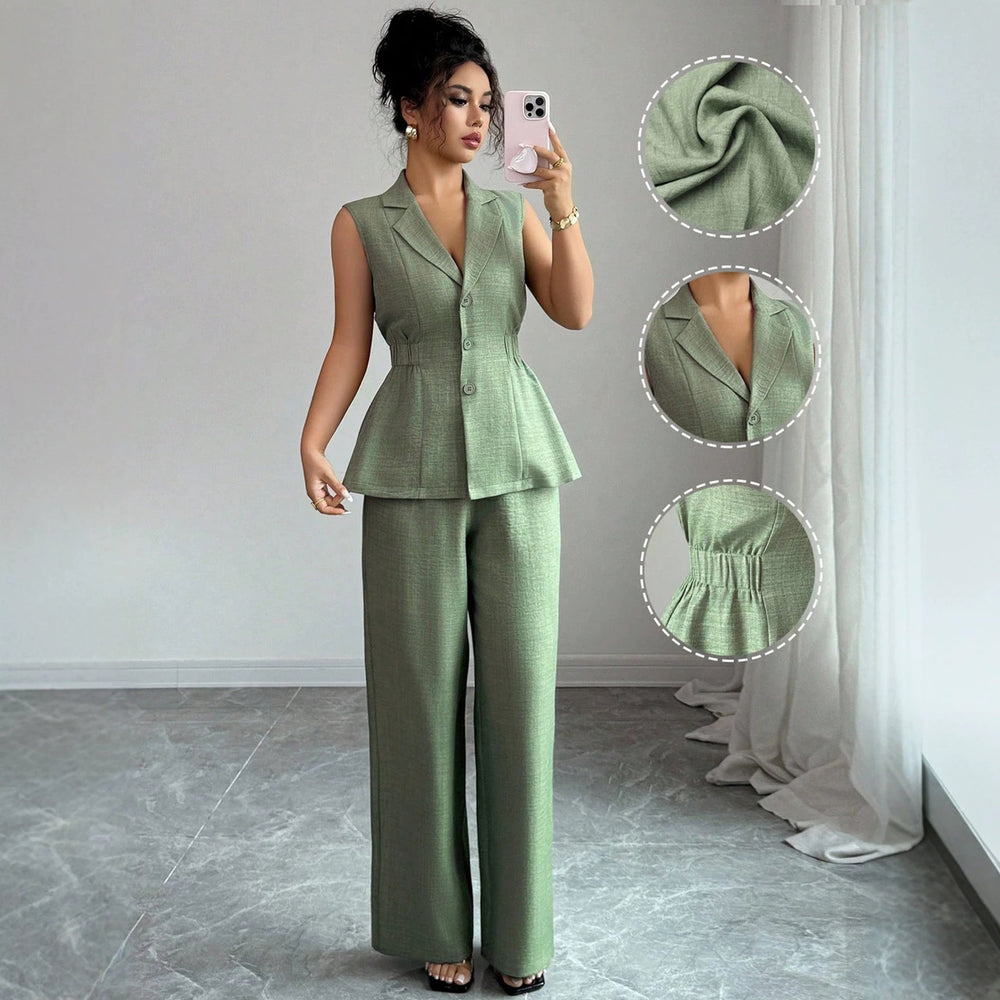 fashionsummernew arrival waist vest wide-leg pants suit suit collar casualwork clothingtwo-piece set