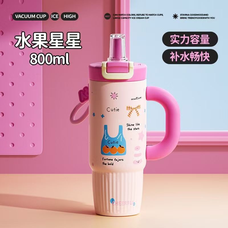 New arrival cartoon straw thermos cup 316 stainless steel large capacity ice cup high-looking handle student water cup