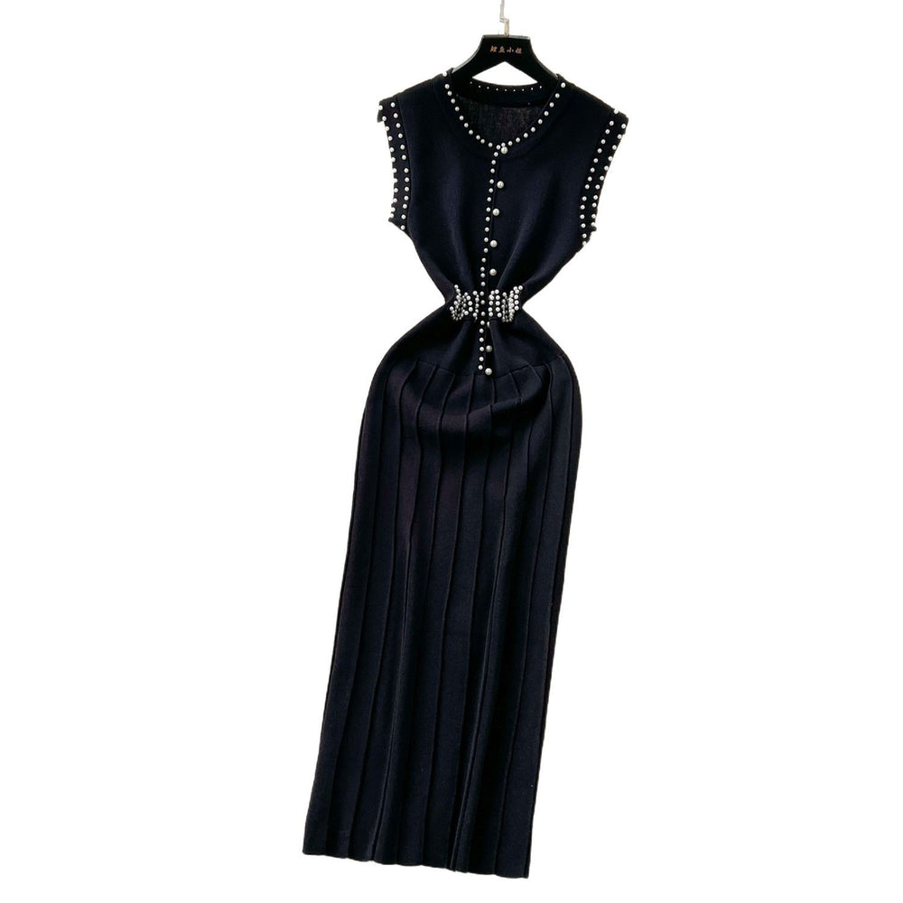 Celebrity fashion heavy industry beading round neck sleeveless knittingdress women's summersexyslimming look medium longsweater skirt