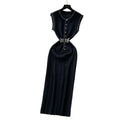 Celebrity fashion heavy industry beading round neck sleeveless knittingdress women's summersexyslimming look medium longsweater skirt