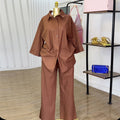 European and american cross-border women's fashion  autumn new arrival: african-inspired loose-fit brown shirt and wide-leg pants casual set with turn-down collar