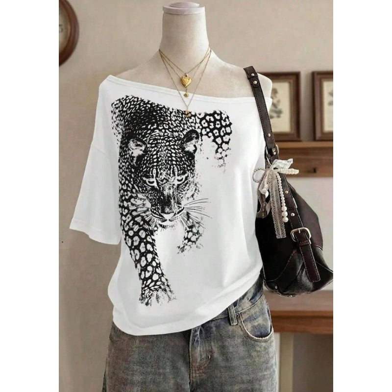 fashion style off-shoulder short-sleeved t-shirt women's leopard print printinglooseslimming looksummernew arrivalfashioneasiest for matchtops