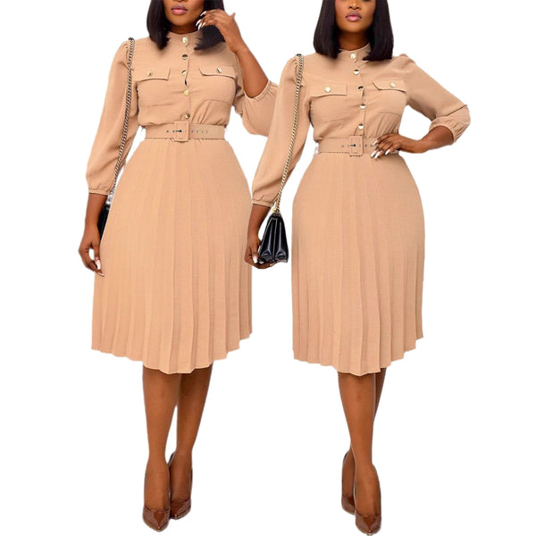 TM085  Independent Station European and American Foreign Trade Spring and Autumn Women's Clothing Solid Color Casual Loose Pleated Belt Dress