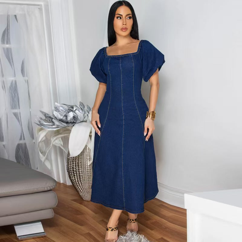 Fashionnew arrivalexport cross-border women's denim u-neck short-sleeved longdress women's plus size waist slimming look skirt