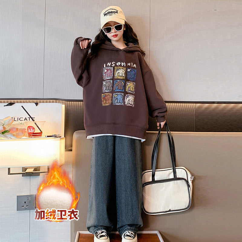 Girlfleece-linedsweatshirtfall and winterchildrenpopularfashionablethickenedkidstopstrendy children's clothing hooded loose