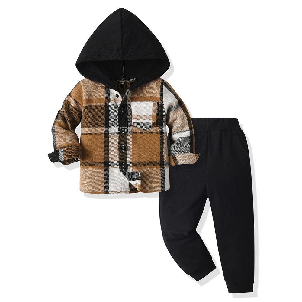 New arrival cross-border children's plaidshirtlong sleeves hoodie cotton boys spring suit boys spring children's clothing