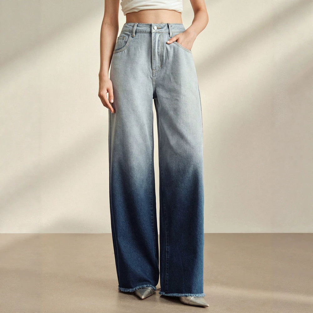 European and american style women's gradient washed denim wide leg jeans - relaxed fit, straight leg, slimming effect