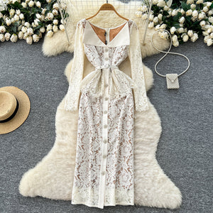 High-end women's dress:  autumn fashion, featuring a notch lapel, single-breasted closure, tie waist, bodycon fit, and lace maxi skirt