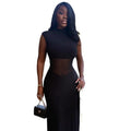 Fashionins cross-border pure color waist women's sleeveless eleganteasiest for match a-line skirtpatchwork high collar street long dress