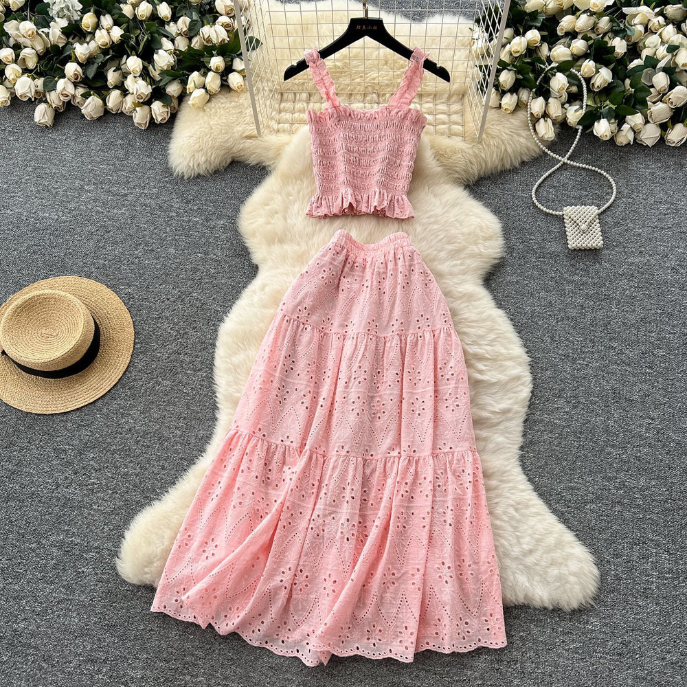 Super fairy vacation wear women's summer wear pure desire elastic silm camisole cut outembroiderhigh waist skirt suit