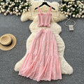Super fairy vacation wear women's summer wear pure desire elastic silm camisole cut outembroiderhigh waist skirt suit