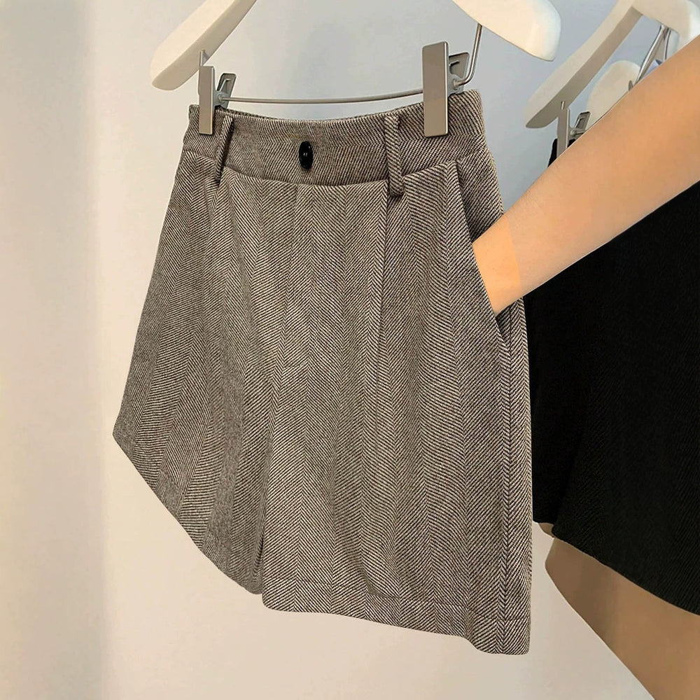 Exportfashion retro herringbone pattern high waist waist twill material side pocket easiest for match age-reducingshorts