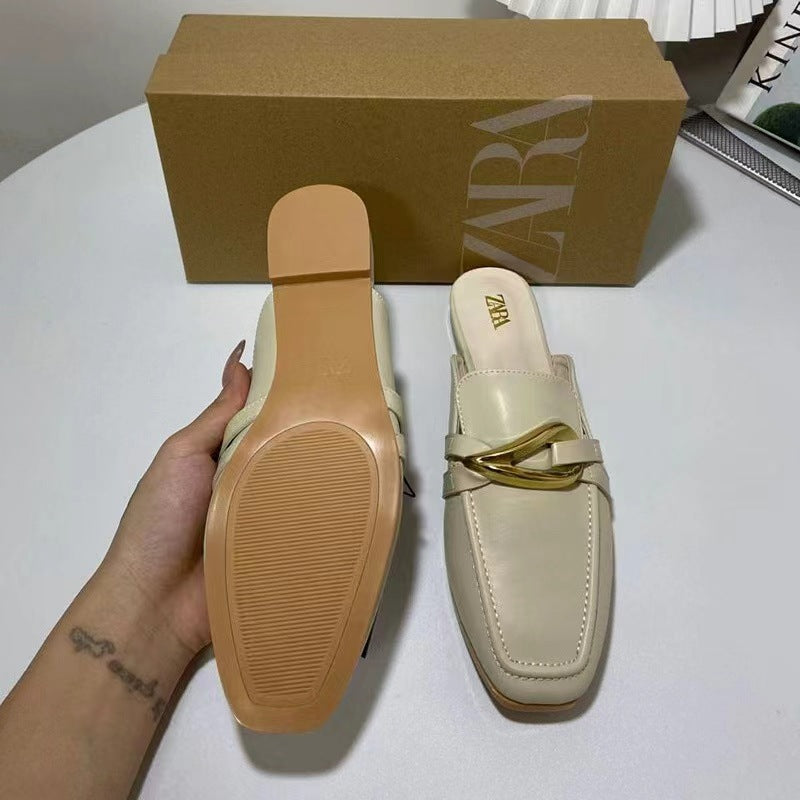 2024 spring new tr women's shoes white metal decoration detail slingback boat shoes round toe half slippers flats shoes