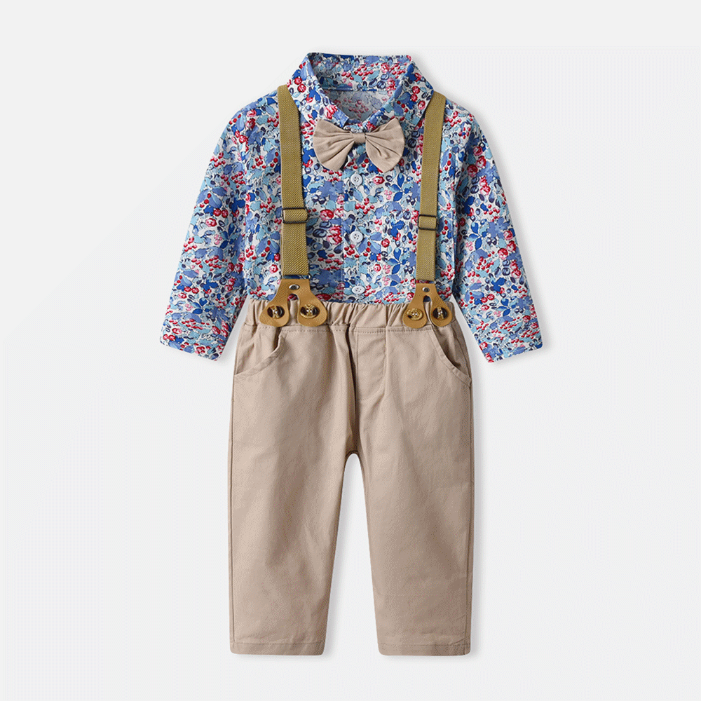 Wholesale new arrivals: children's clothing sets - boys' formal wear, long-sleeved floral shirt with bow tie, spring/summer overalls