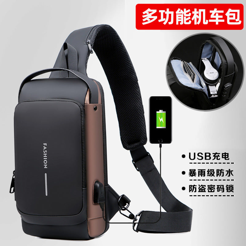 Breast bag, men's new trendy messenger bag, water-proof Oxford cloth shoulder bag, combination lock, sports and leisure backpack.