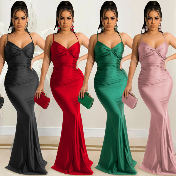 X5617 Cross-border   Solid Color Sexy Suspender Breast Halter Strap Skinny Long Dress Dress